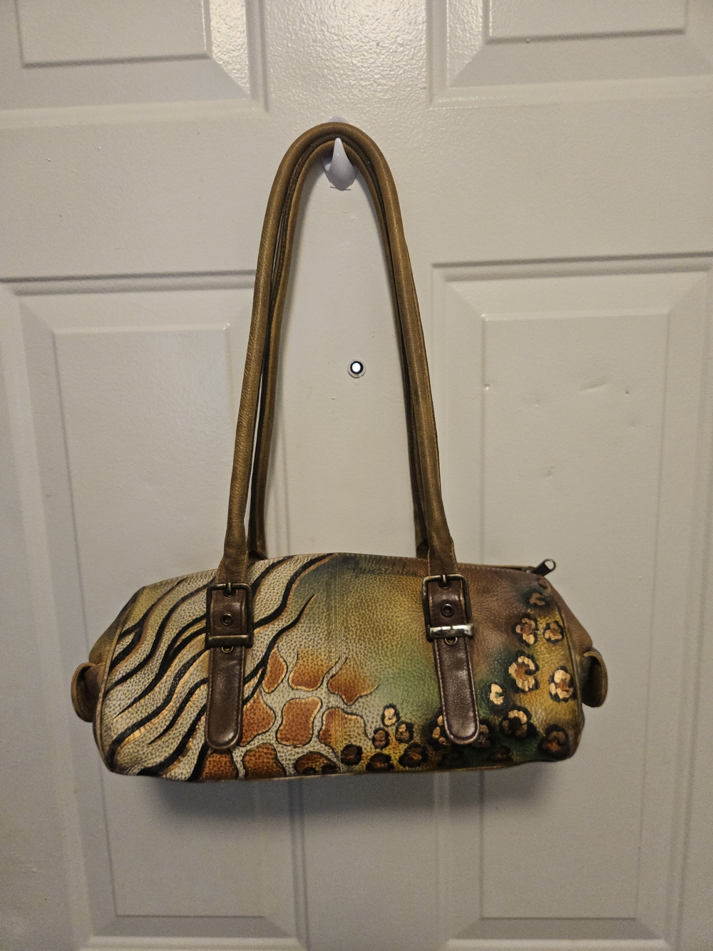 Anuschka Rare Leather Print Hand-Painted Purse With Pockets And Zippers